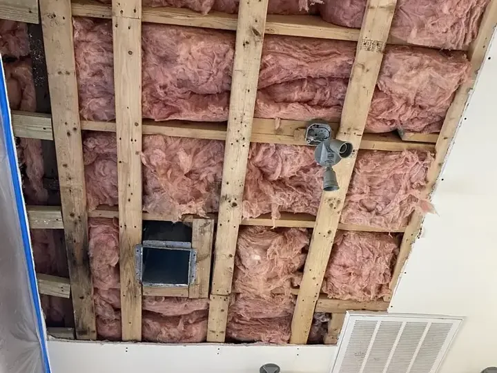 Wet ceiling drywall cut away to expose the joists and insulation above a room