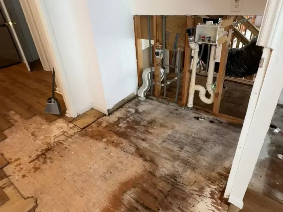 Wall opened around the plumbing with the wet flooring pulled up for drying