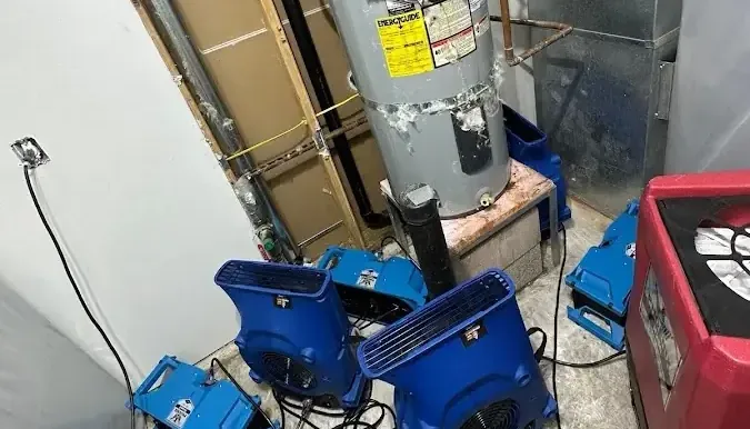 Air movers and a dehumidifier drying out a water heater closet