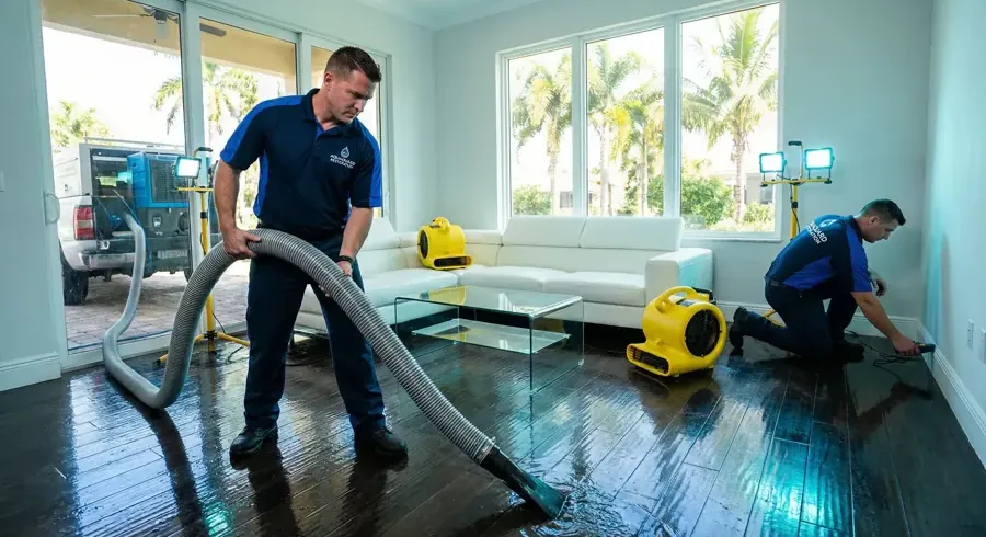 Two restoration technicians extracting water from a hardwood living room floor while an air mover runs nearby