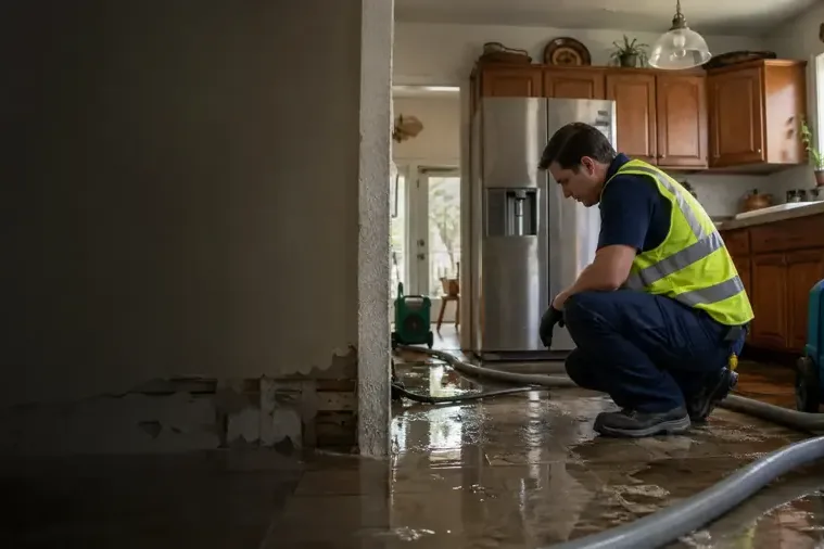 Drying equipment working on a kitchen floor after an appliance supply leak