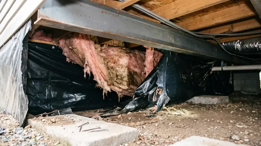 Torn underbelly barrier and wet insulation hanging below a manufactured home floor