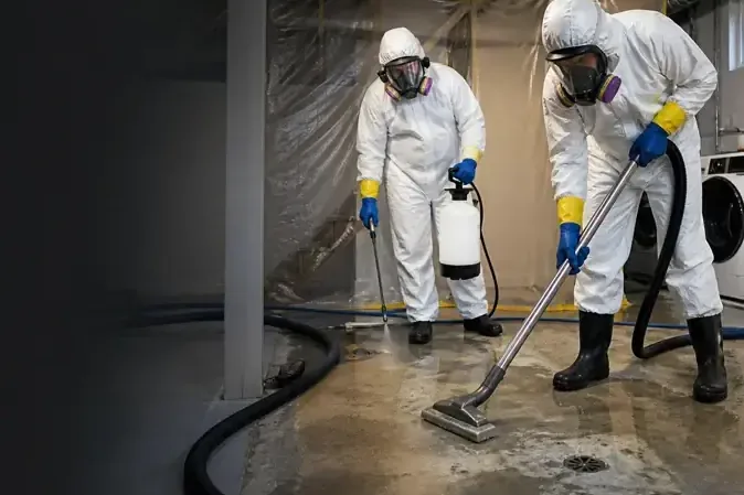 Two technicians in protective suits and respirators cleaning up a sewage backup with a wet vacuum