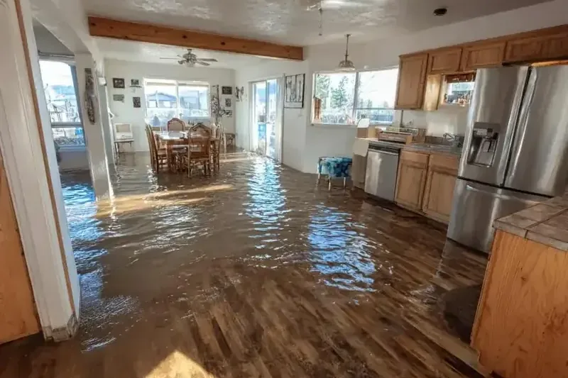 Storm floodwater spread across the kitchen and living area of a house