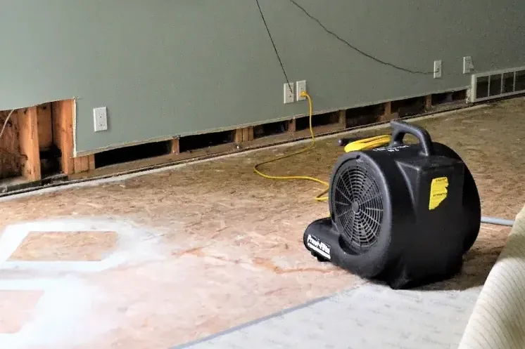 Air mover drying an exposed subfloor beside a flood cut in a room