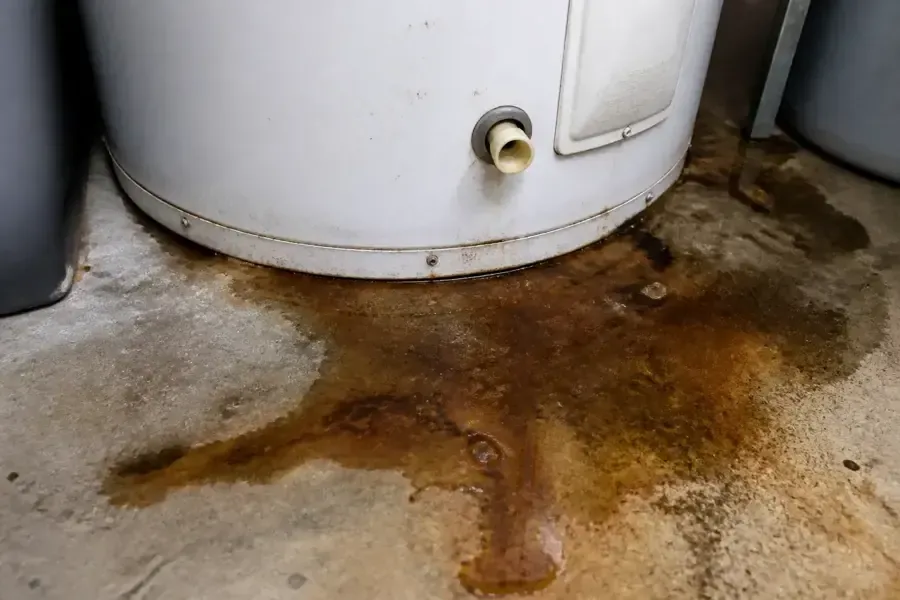Rusty water spreading across the floor from a failed water heater